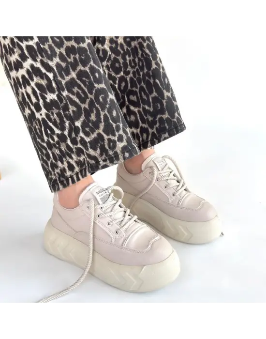 Emwa Bej Cilt Bağcıklı Spor Ayakkabı