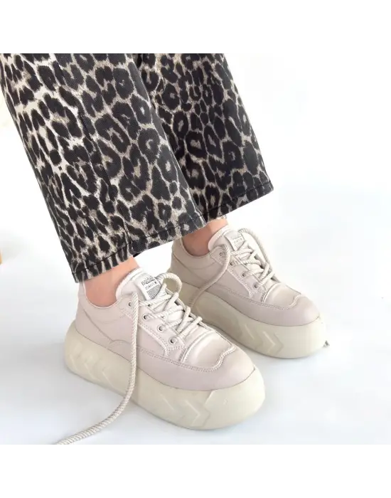 Emwa Bej Cilt Bağcıklı Spor Ayakkabı