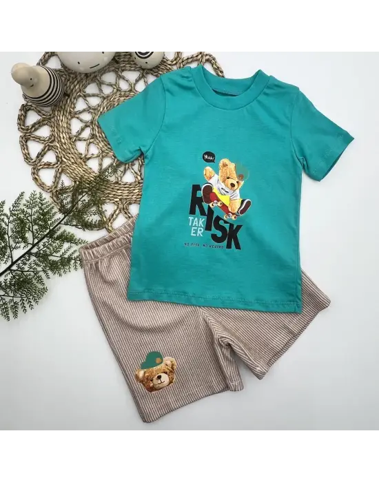 Omarı Sevimli Ayı Desenli 2li Bebek Erkek Takımı