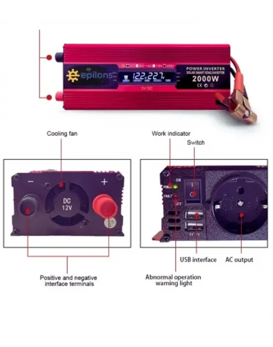 Epilons 12v 2000w Modifiye Sınus İnverter 220v Dijital Göstergeli- Taşınabilir Güç Kaynağı