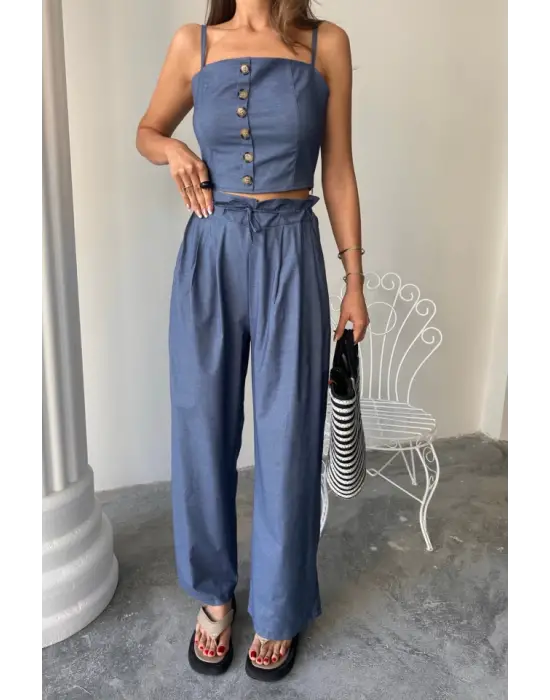 Omarı İndigo Şalvar Pantolon ve Crop Askılı Bluz Kombini