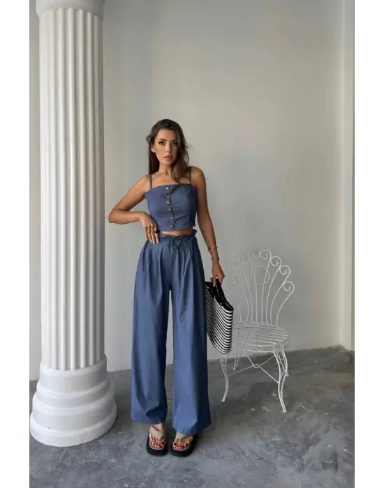 Omarı İndigo Şalvar Pantolon ve Crop Askılı Bluz Kombini