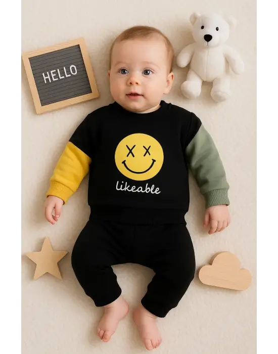 Erkek Bebek Emoji Baskılı Takım % 100 Pamuk
