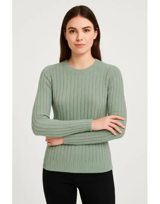 Erkek Bisiklet Yuvarlak Yaka Triko Kazak Pamuklu Kalın Fitilli Dokuma, Regular Fit Uzun Kollu Kışlık Model - Mint Yeşili