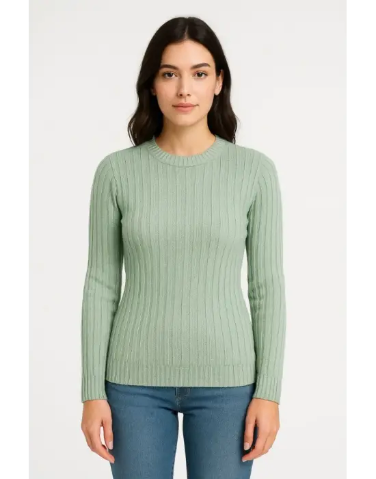 Erkek Bisiklet Yuvarlak Yaka Triko Kazak Pamuklu Kalın Fitilli Dokuma, Regular Fit Uzun Kollu Kışlık Model - Mint Yeşili