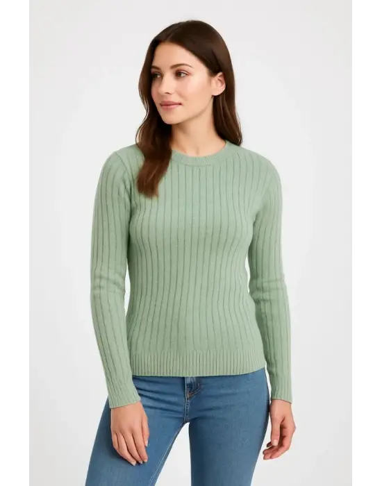 Erkek Bisiklet Yuvarlak Yaka Triko Kazak Pamuklu Kalın Fitilli Dokuma, Regular Fit Uzun Kollu Kışlık Model - Mint Yeşili