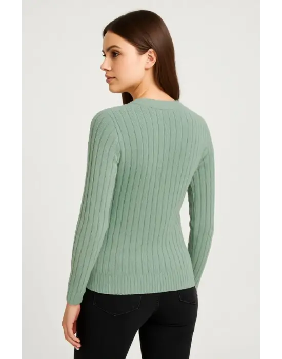 Erkek Bisiklet Yuvarlak Yaka Triko Kazak Pamuklu Kalın Fitilli Dokuma, Regular Fit Uzun Kollu Kışlık Model - Mint Yeşili