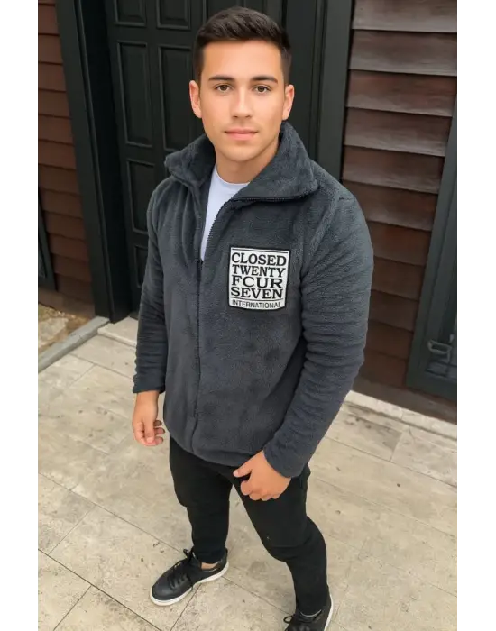 Erkek Polar Fermuarlı Sweatshirt – Kapüşonsuz, Cepli, Yumuşak Dokulu, Oversize Rahat Kalıp, Kışlık Sıcak Tutan Fermuarlı Üst - Füme