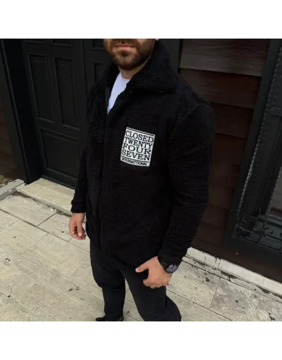 Erkek Polar Fermuarlı Sweatshirt – Kapüşonsuz, Cepli, Yumuşak Dokulu, Oversize Rahat Kalıp, Kışlık Sıcak Tutan Fermuarlı Üst - Siyah