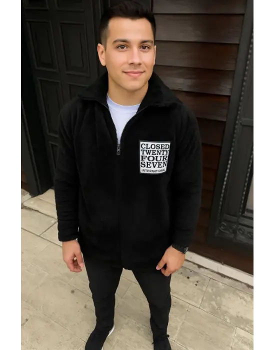 Erkek Polar Fermuarlı Sweatshirt – Kapüşonsuz, Cepli, Yumuşak Dokulu, Oversize Rahat Kalıp, Kışlık Sıcak Tutan Fermuarlı Üst - Siyah