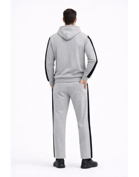 Erkek Şeritli Eşofman Takım Kapüşonlu Sweatshirt Boru Paça Alt, Oversize 3 Iplik Pamuklu - Gri