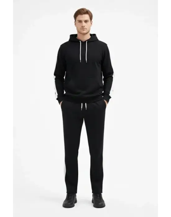 Erkek Şeritli Eşofman Takım Kapüşonlu Sweatshirt Boru Paça Alt, Oversize 3 Iplik Pamuklu - Siyah