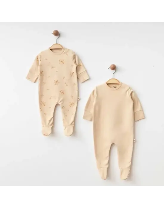 Omarı Yumuşak Pamuklu Bej Bebek Tulum Seti