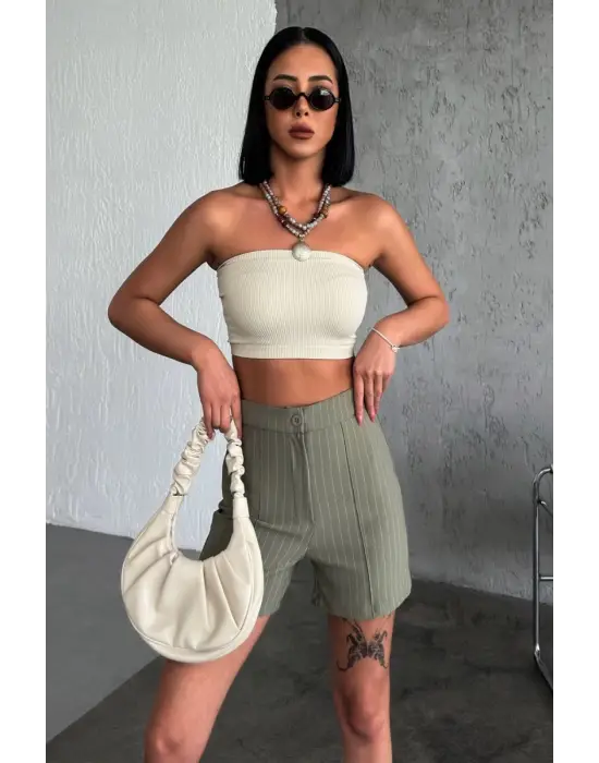 Omarı Esnek Krep Kumaşlı Yüksek Bel Çizgili Şort Haki