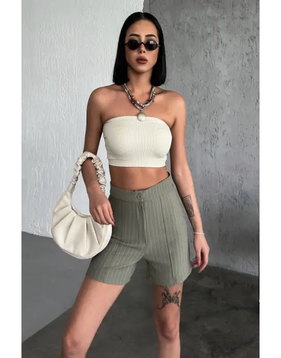 Omarı Esnek Krep Kumaşlı Yüksek Bel Çizgili Şort Haki