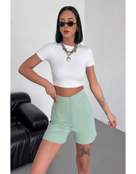 Omarı Esnek Yüksek Bel Krep Şort - Su Yeşili