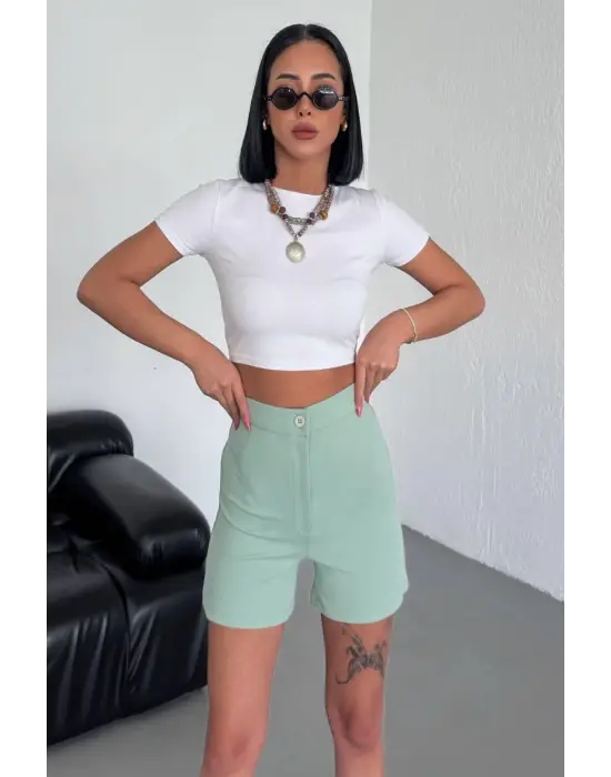 Omarı Esnek Yüksek Bel Krep Şort - Su Yeşili