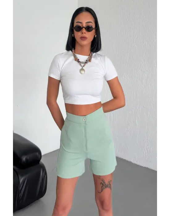 Omarı Esnek Yüksek Bel Krep Şort - Su Yeşili