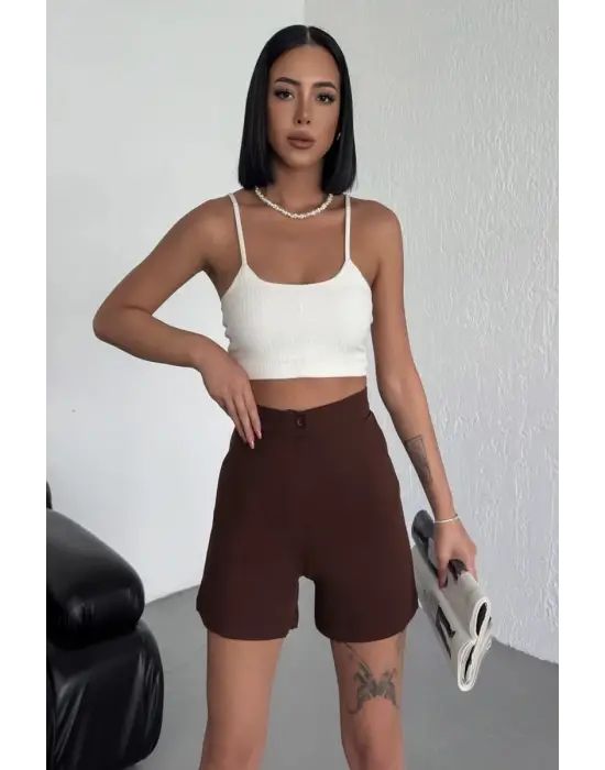 Omarı Esnek Likralı Yüksek Bel Kahverengi Krep Şort