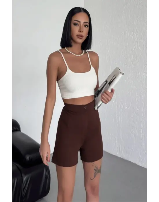 Omarı Esnek Likralı Yüksek Bel Kahverengi Krep Şort