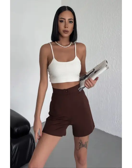 Omarı Esnek Likralı Yüksek Bel Kahverengi Krep Şort