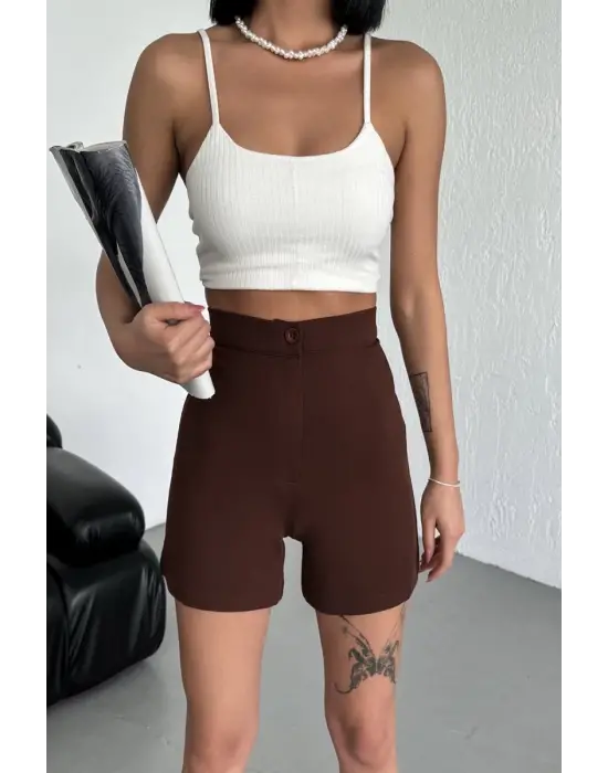 Omarı Esnek Likralı Yüksek Bel Kahverengi Krep Şort