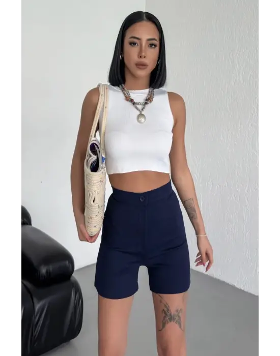 Omarı Esnek Likralı Yüksek Bel Krep Şort - Lacivert Renk Seçeneği