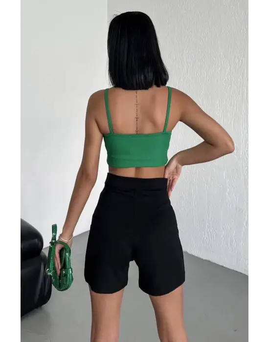 Omarı Esnek Krep Şort Siyah