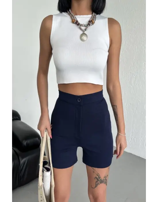 Omarı Şık ve Rahat Yüksek Bel Esnek Krep Şort - Lacivert