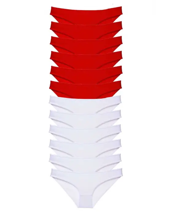 Omarı Likralı Kadın Slip Külot Seti Kırmızı Beyaz