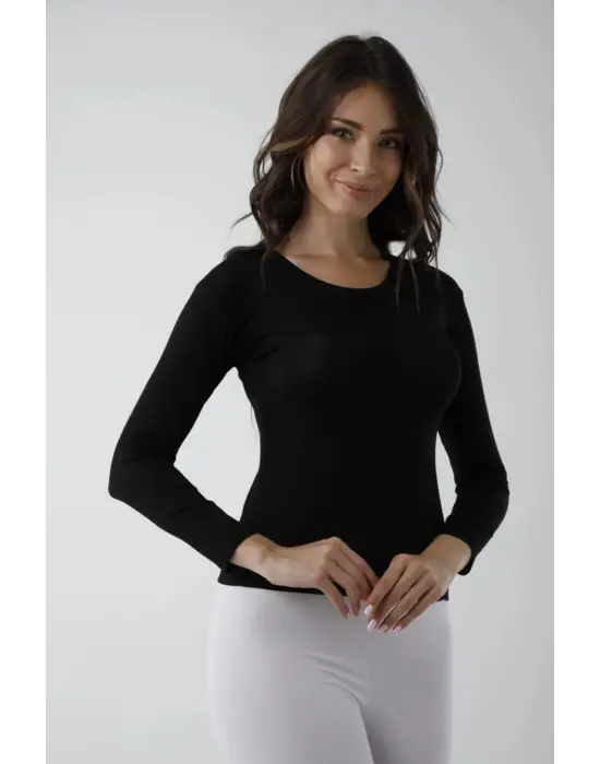 Omarı Siyah Uzun Kol Likralı Bisiklet Yaka Body