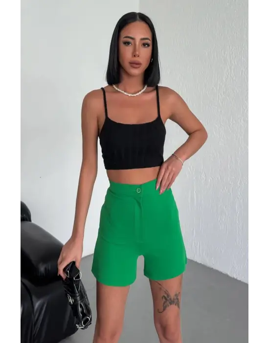 Omarı Rahat ve Tarz Yüksek Bel Likralı Yeşil Krep Şort