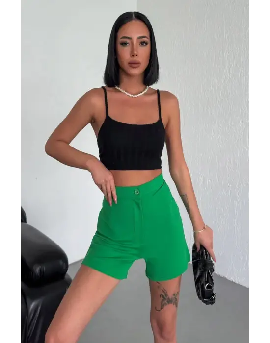 Omarı Rahat ve Tarz Yüksek Bel Likralı Yeşil Krep Şort