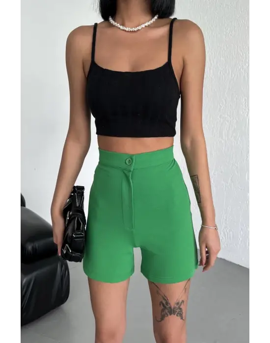 Omarı Rahat ve Tarz Yüksek Bel Likralı Yeşil Krep Şort
