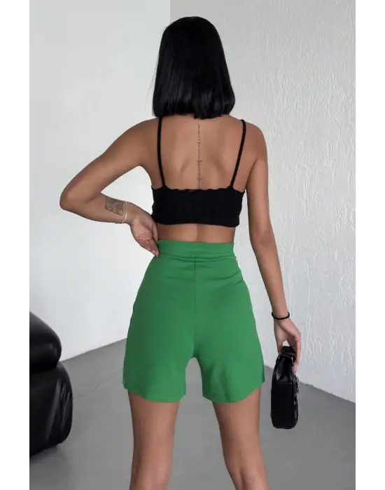 Omarı Rahat ve Tarz Yüksek Bel Likralı Yeşil Krep Şort