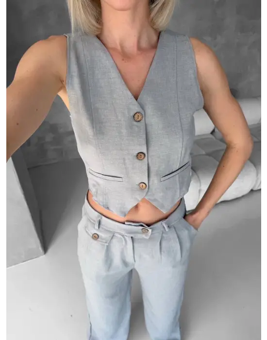 Omarı Gri Yelek ve Pantolon Takımı