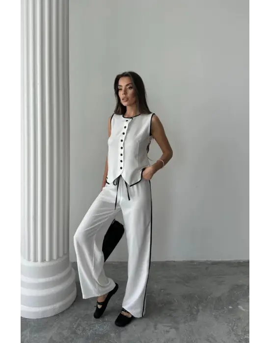 Omarı Keten Biyeli Yelek ve Pantolon Takımı - Beyaz