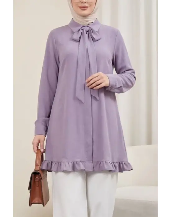 Eteği Fırfırlı Beli Bağcıklı Gizli Düğmeli Modal Tunik  -Leylak