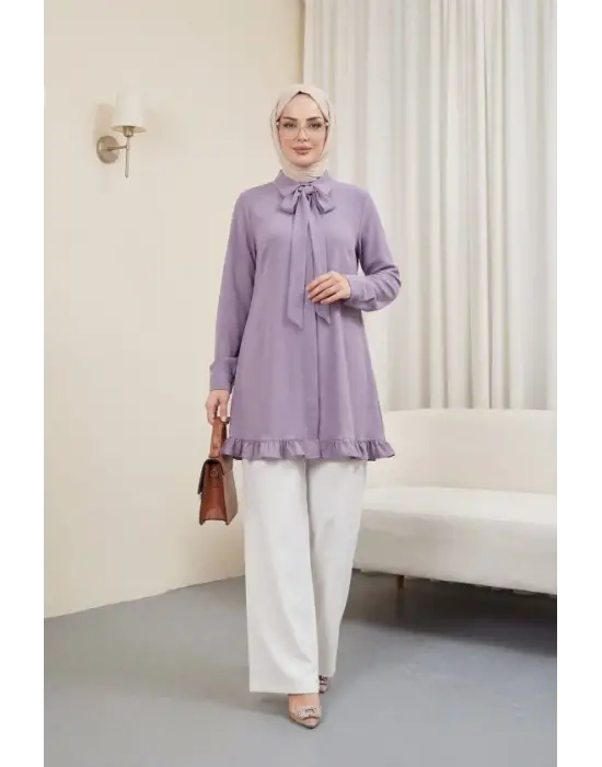 Eteği Fırfırlı Beli Bağcıklı Gizli Düğmeli Modal Tunik  -Leylak