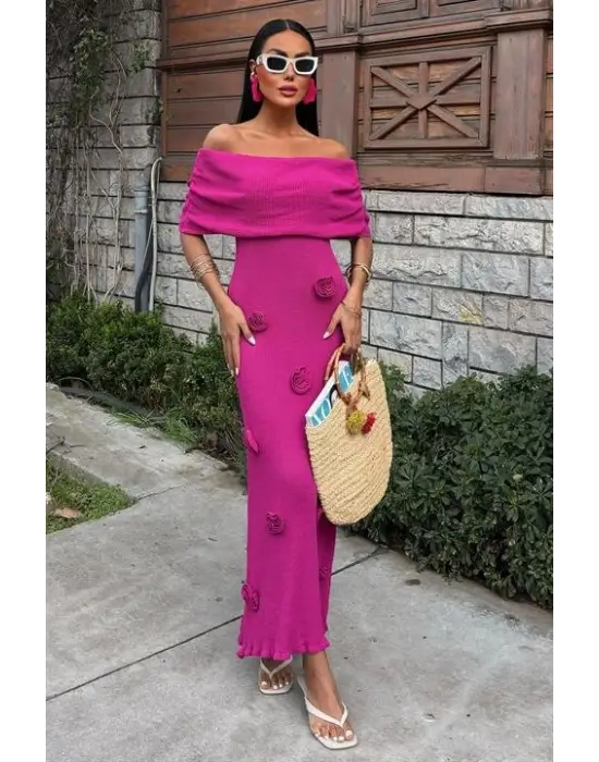 Omarı Gül Detaylı Madonna Yaka Elbise