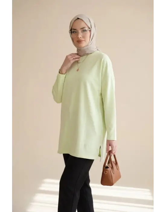 Eteği Kalp Detaylı Yırtmaçlı Salaş Penye Tunik -Açık Sarı