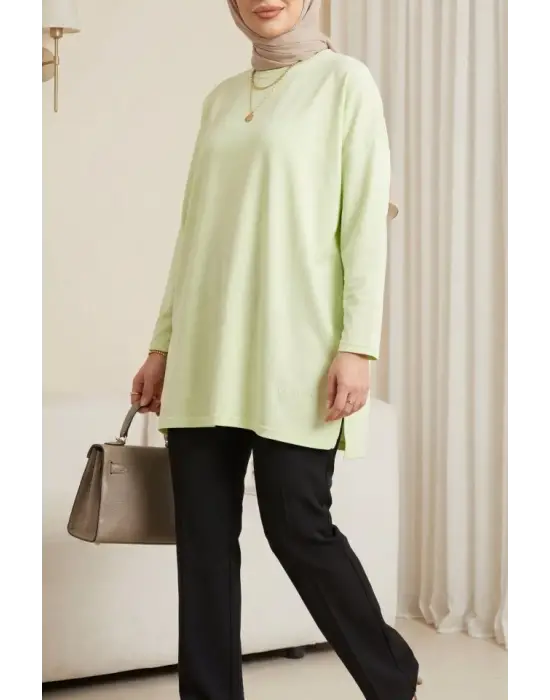 Eteği Kalp Detaylı Yırtmaçlı Salaş Penye Tunik -Açık Sarı