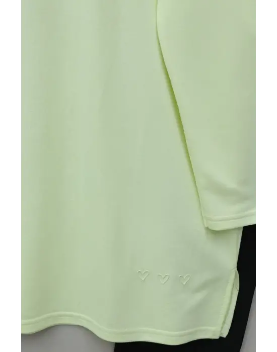 Eteği Kalp Detaylı Yırtmaçlı Salaş Penye Tunik -Açık Sarı