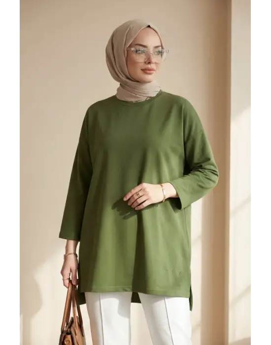 Eteği Kalp Detaylı Yırtmaçlı Salaş Penye Tunik -Haki