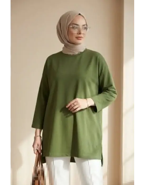 Eteği Kalp Detaylı Yırtmaçlı Salaş Penye Tunik -Haki