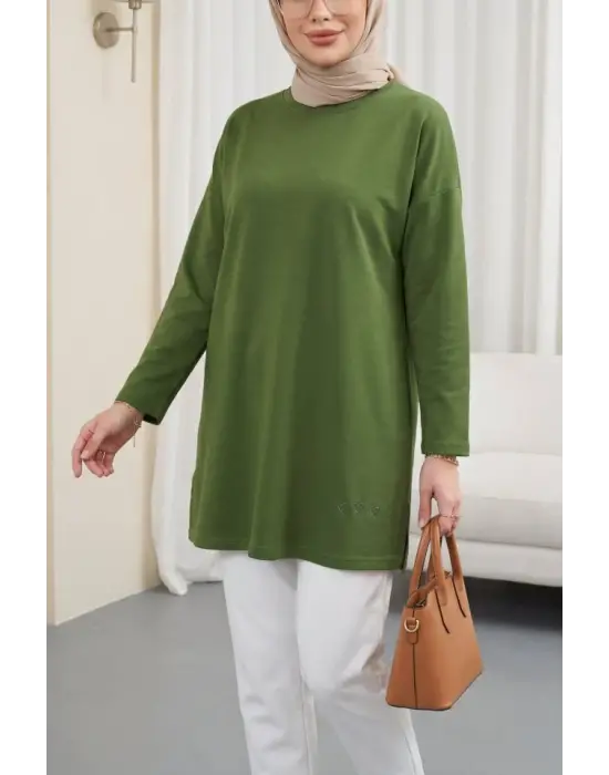 Eteği Kalp Detaylı Yırtmaçlı Salaş Penye Tunik -Haki