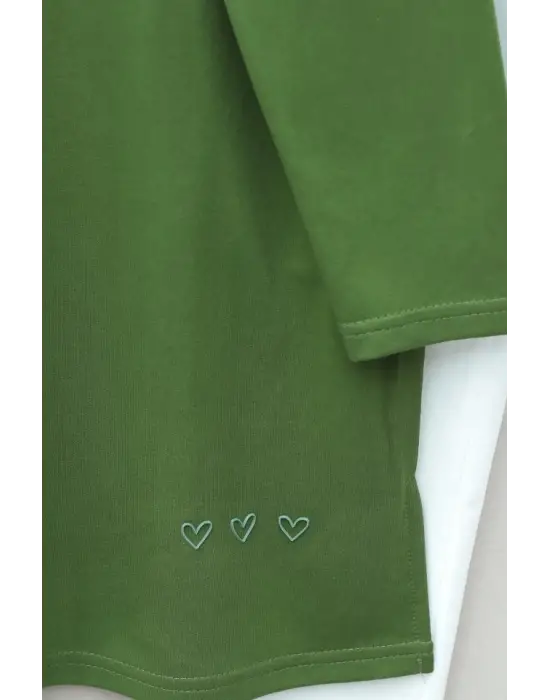 Eteği Kalp Detaylı Yırtmaçlı Salaş Penye Tunik -Haki