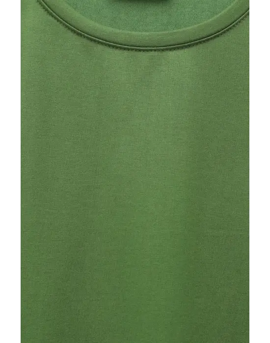 Eteği Kalp Detaylı Yırtmaçlı Salaş Penye Tunik -Haki