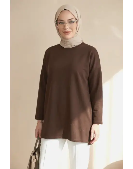 Eteği Kalp Detaylı Yırtmaçlı Salaş Penye Tunik -Kahve