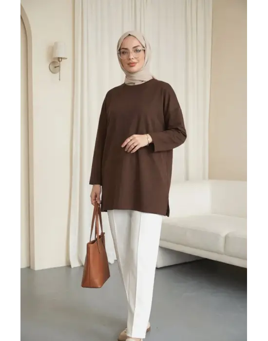 Eteği Kalp Detaylı Yırtmaçlı Salaş Penye Tunik -Kahve